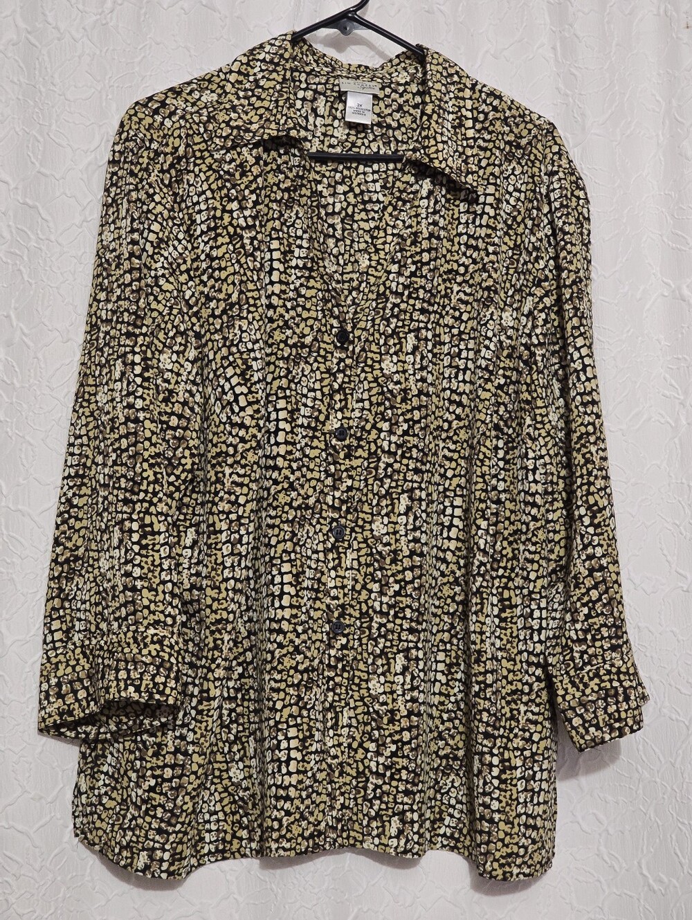 Kim Rogers Women's Plus Brown Print Long Sleeve Button Down Shirt, 3X